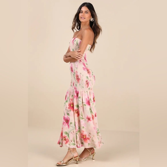 Lulus Balbina Beige Floral Smocked Drop Waist Maxi Dress - Picture 3 of 10